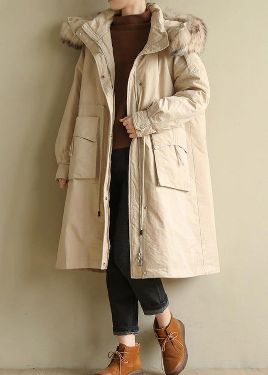 2019 plus size Jackets & Coats big pockets winter coats beige yellow fur collar coats - SooLinen