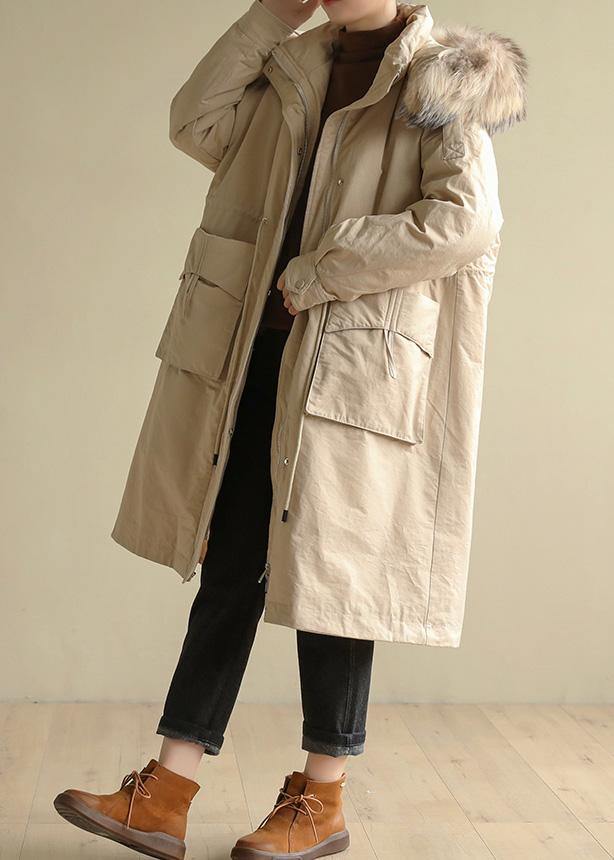 2019 plus size Jackets & Coats big pockets winter coats beige yellow fur collar coats - SooLinen