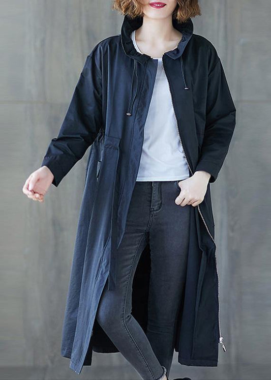 2019 Plus Size Fall Navy Ruffled Drawstring Zippered Coats - SooLinen