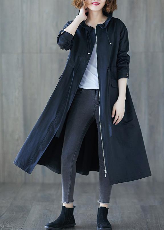 2019 Plus Size Fall Navy Ruffled Drawstring Zippered Coats - SooLinen