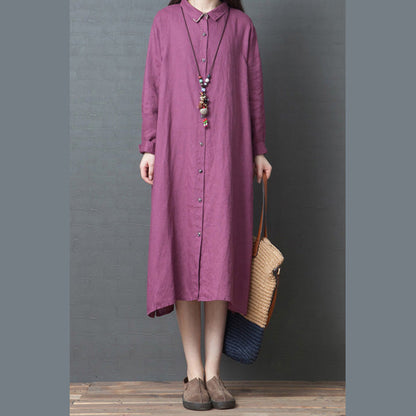 2019 Frühjahr neues rotes Leinenhemdkleid lässiges Langarm-Maxikleid in Übergröße