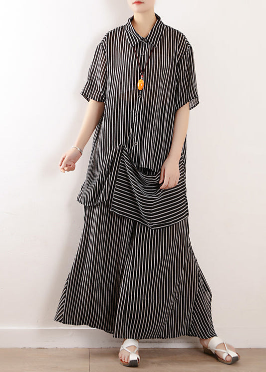 2019 Sommer neue schwarze lose Chiffon-Hemd und lässige Hose mit weitem Bein zwei Stücke
