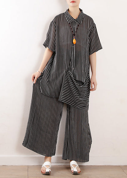2019 Sommer neue schwarze lose Chiffon-Hemd und lässige Hose mit weitem Bein zwei Stücke