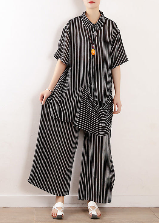 2019 Sommer neue schwarze lose Chiffon-Hemd und lässige Hose mit weitem Bein zwei Stücke