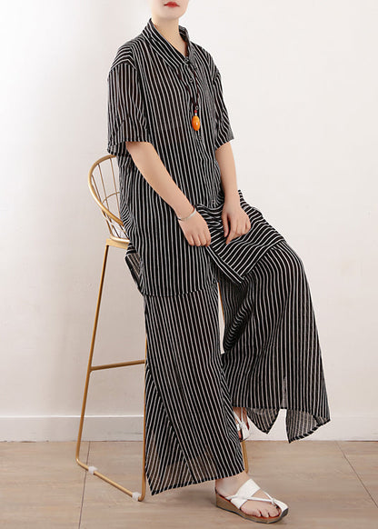 2019 Sommer neue schwarze lose Chiffon-Hemd und lässige Hose mit weitem Bein zwei Stücke