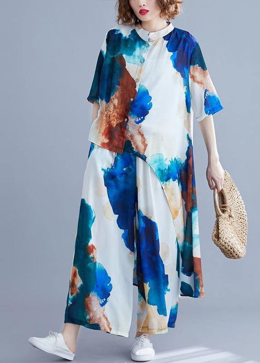 2019 summer new large size women's chiffon print sleeveless shirt + casual wide leg pants suit - SooLinen