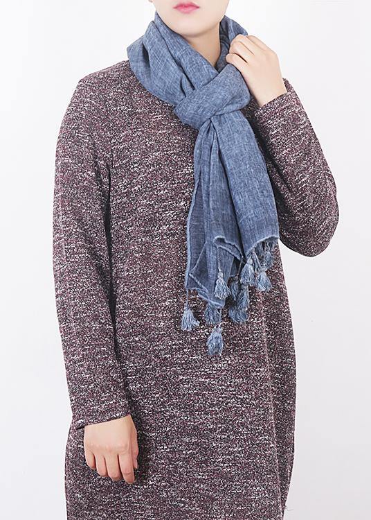 2019 winter blue women vintage scarf tassel cotton linen long scarfes - SooLinen