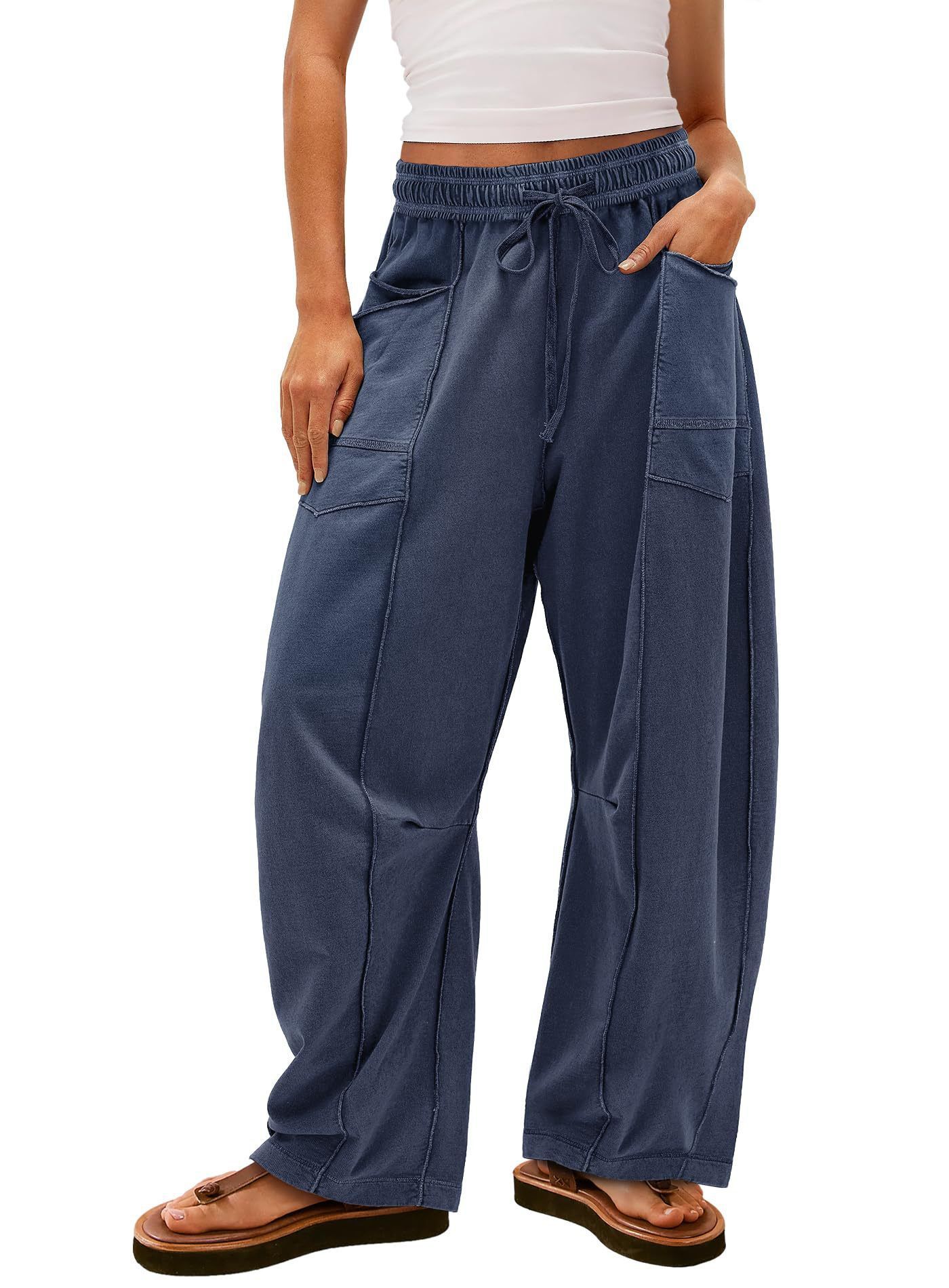Womens Baggy Barrel Pants Wide Leg Lounge Drawstring Sweatpants with Pockets