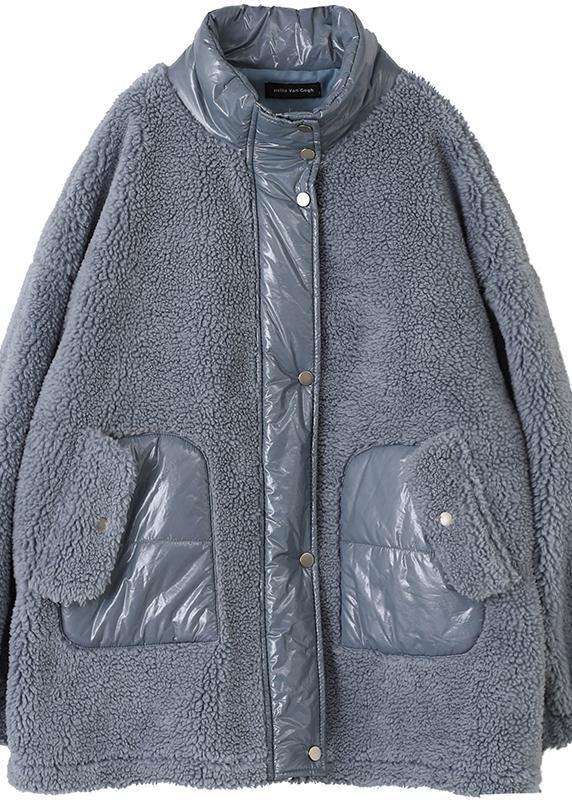 2021 Loose jacket blue stand collar patchwork Woolen Coat Women - SooLinen