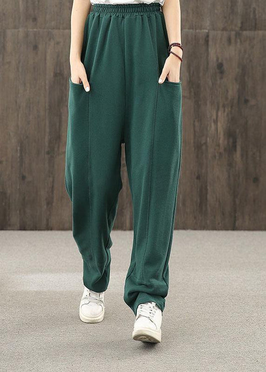 2021 autumn big pocket elastic waist green casual pants - SooLinen