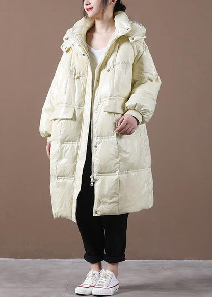 2021 beige down jacket woman Loose fitting winter jacket hooded pockets zippered Fine winter outwear - SooLinen