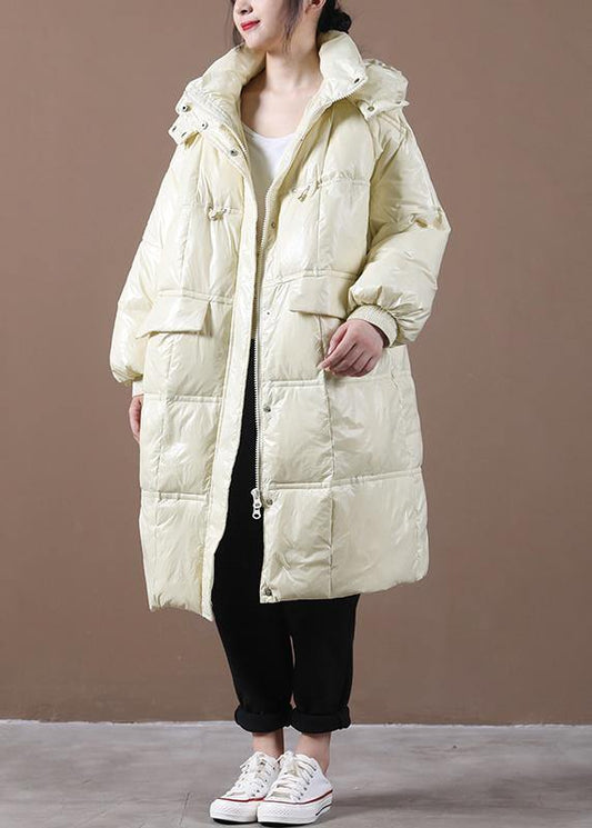 2021 beige down jacket woman Loose fitting winter jacket hooded pockets zippered Fine winter outwear - SooLinen