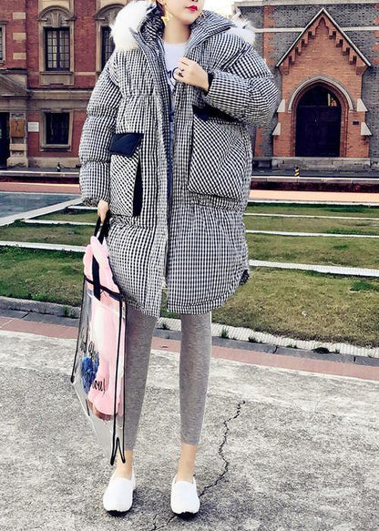 2021 black plaid down jacket woman plus size clothing parka hooded The rabbit wool Elegant coats - SooLinen