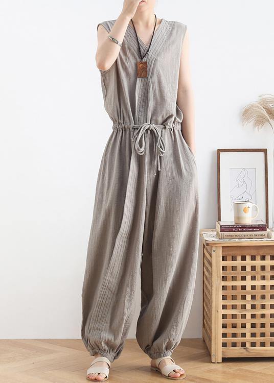 2021 lace-up waist light gray wide leg jumpsuit female summer cotton and linen jumpsuit - SooLinen