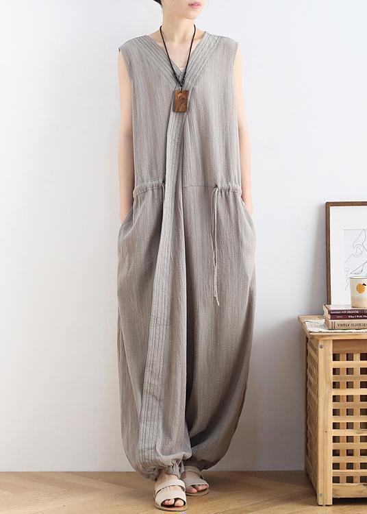 2021 lace-up waist light gray wide leg jumpsuit female summer cotton and linen jumpsuit - SooLinen