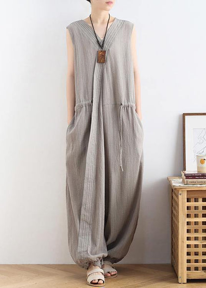 2021 lace-up waist light gray wide leg jumpsuit female summer cotton and linen jumpsuit - SooLinen