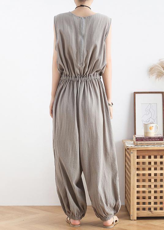 2021 lace-up waist light gray wide leg jumpsuit female summer cotton and linen jumpsuit - SooLinen