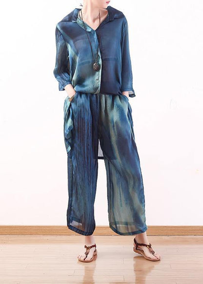 2021 new original literary loose lapel shirt + wide leg pants two-piece suit - SooLinen