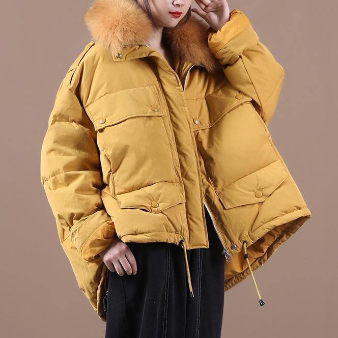 2021 plus size down jacket coats yellow faux fur collar drawstring duck down coat - SooLinen
