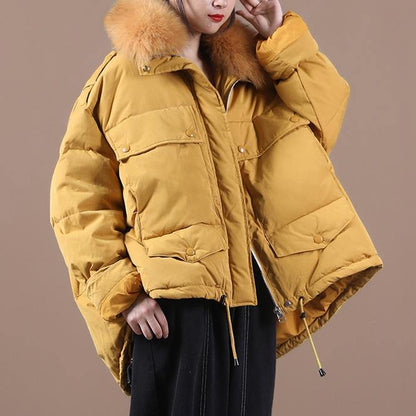 2021 plus size down jacket coats yellow faux fur collar drawstring duck down coat - SooLinen