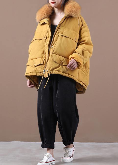 2021 plus size down jacket coats yellow faux fur collar drawstring duck down coat - SooLinen