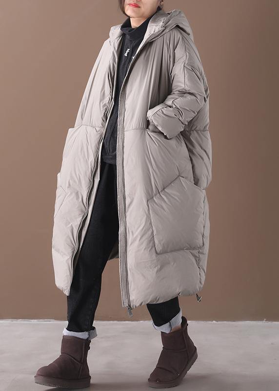 2021 plus size snow jackets gray hooded pockets goose Down coat - SooLinen