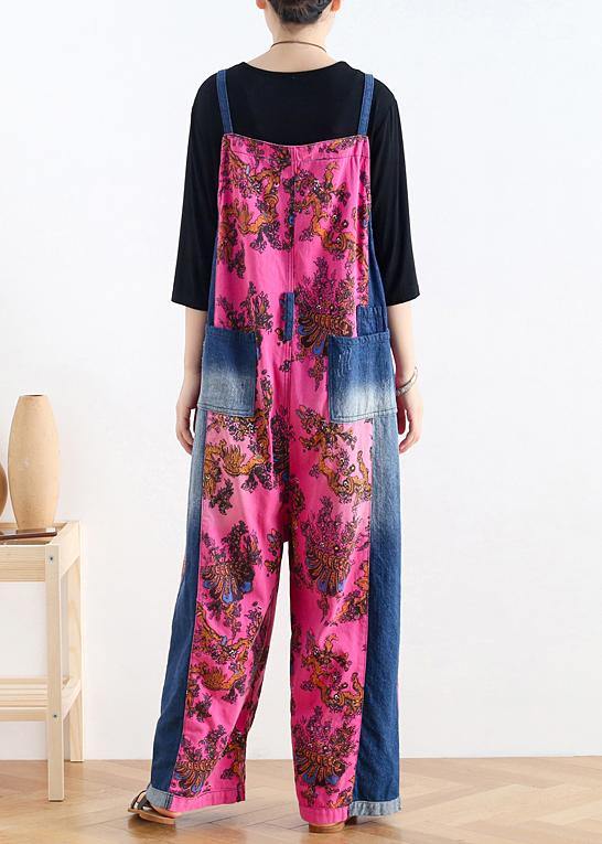 2021 retro national style rose printed loose denim overalls - SooLinen