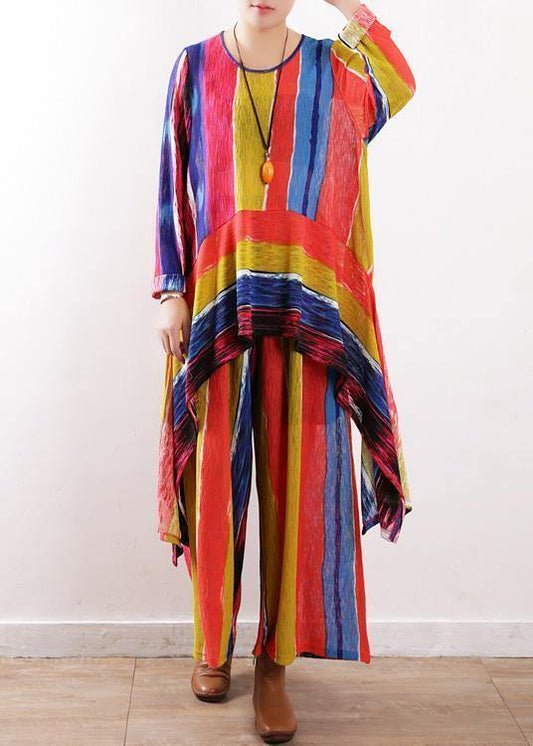 2021 spring casual patchwork color striped two pieces asymmetric hem tops and elastic waist women wide leg pants - SooLinen