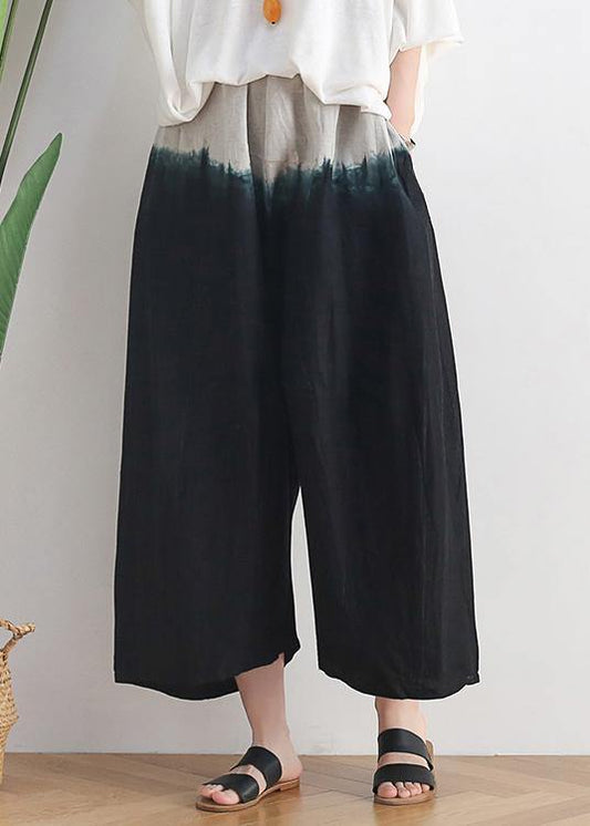 2021 summer new women's plus size loose cotton and linen black gradient color nine-point wide-leg pants - SooLinen