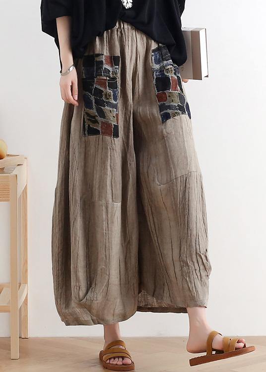 2021 summer original design linen nude patch retro wide-leg pants - SooLinen