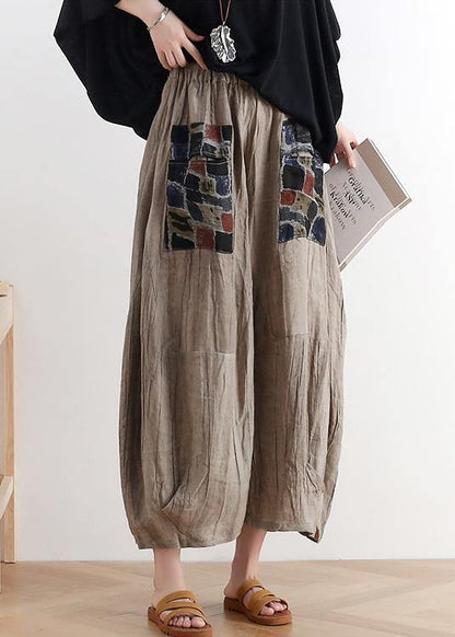 2021 summer original design linen nude patch retro wide-leg pants - SooLinen