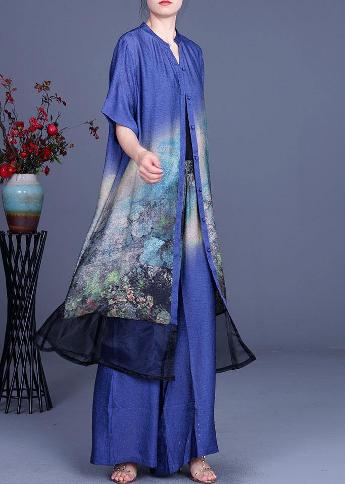 2021 Black Print Cardigan + Wide Leg Pants Two Piece Set - SooLinen