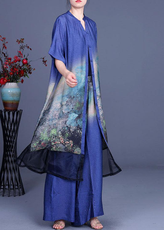 2021 Black Print Cardigan + Wide Leg Pants Two Piece Set - SooLinen