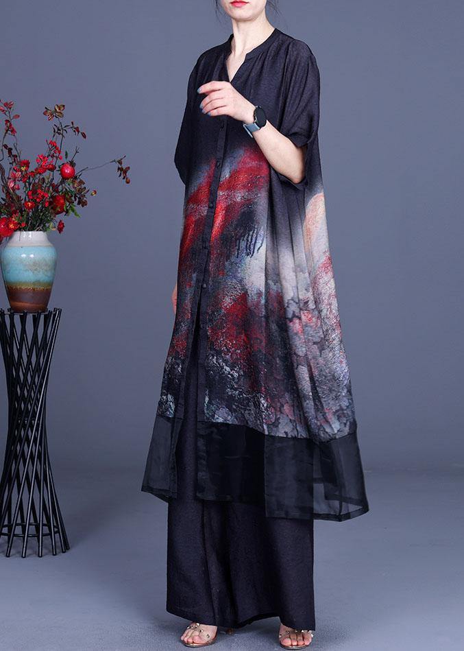 2021 Black Print Cardigan + Wide Leg Pants Two Piece Set - SooLinen