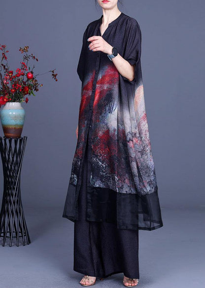 2021 Black Print Cardigan + Wide Leg Pants Two Piece Set - SooLinen
