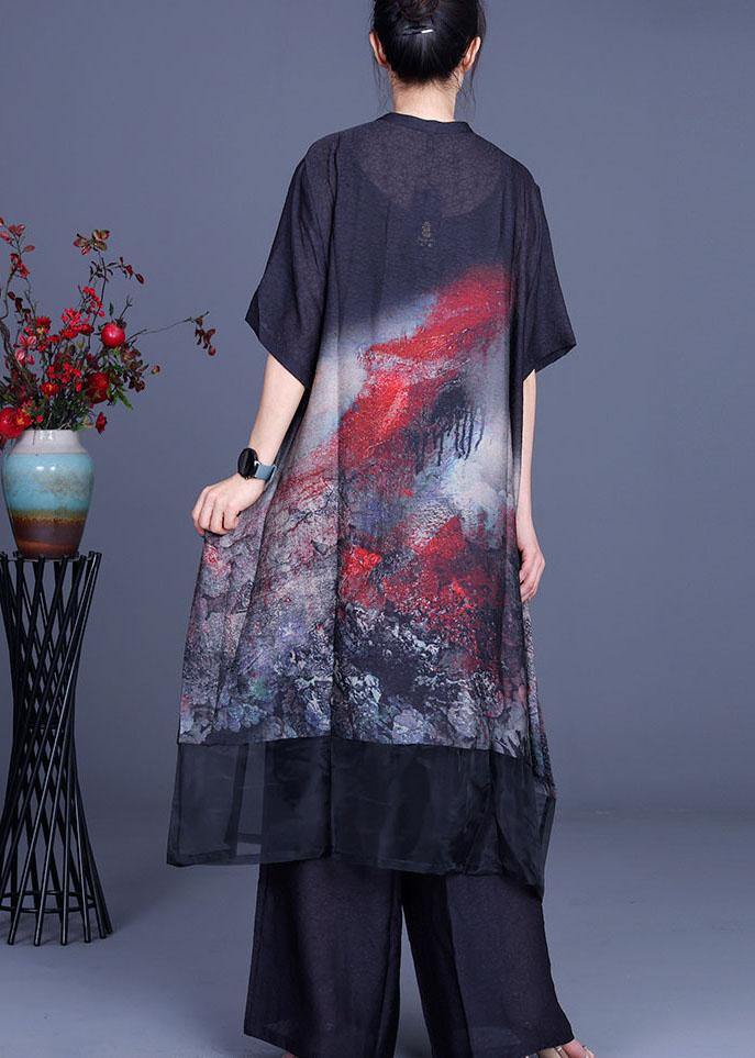 2021 Black Print Cardigan + Wide Leg Pants Two Piece Set - SooLinen