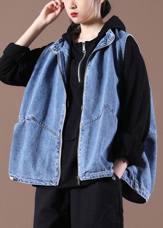 2021 Drawstring Zipper Wash Blue Stand Collar Vest - SooLinen