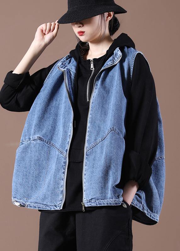 2021 Drawstring Zipper Wash Blue Stand Collar Vest - SooLinen