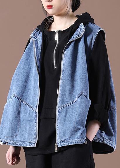 2021 Drawstring Zipper Wash Blue Stand Collar Vest - SooLinen