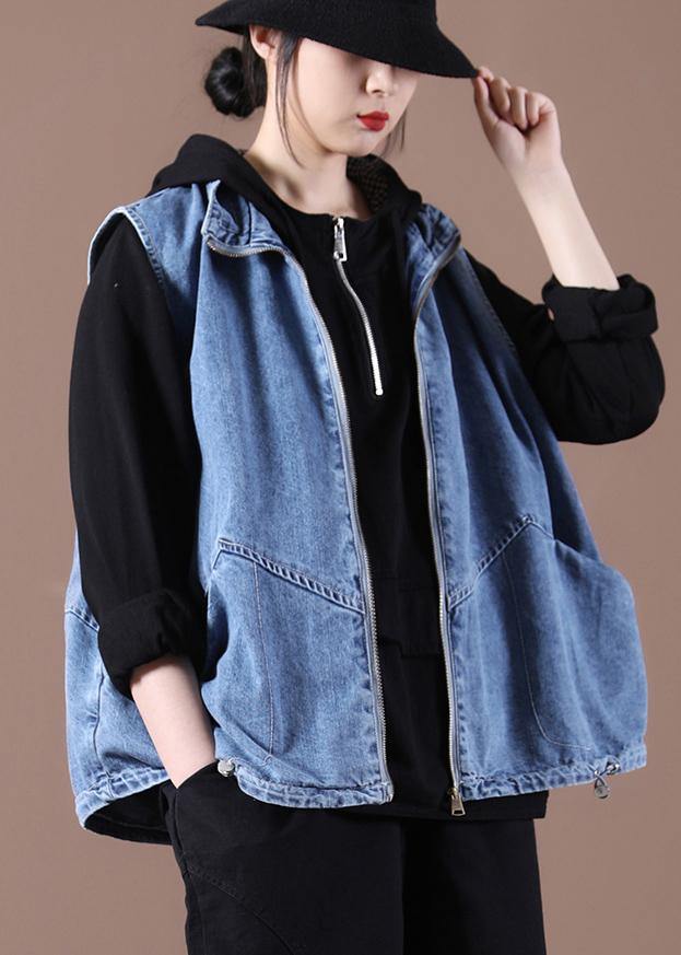 2021 Drawstring Zipper Wash Blue Stand Collar Vest - SooLinen