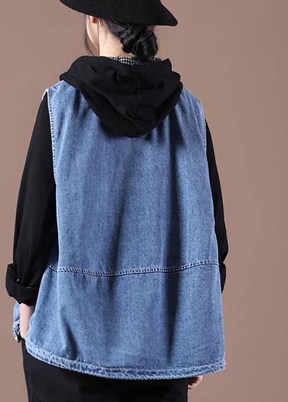 2021 Drawstring Zipper Wash Blue Stand Collar Vest - SooLinen