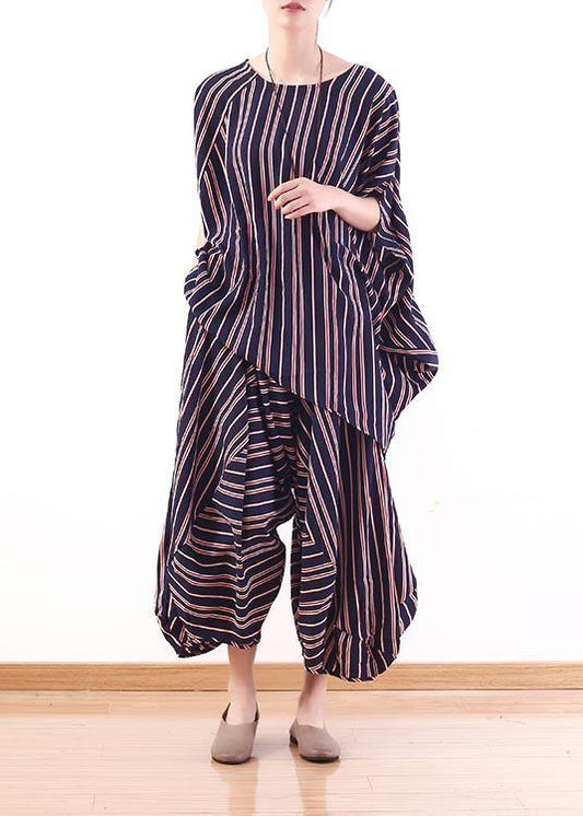 2021 New Stripe Women's Loose Size Bat Sleeve Top Lantern Pants Set in Summer - SooLinen