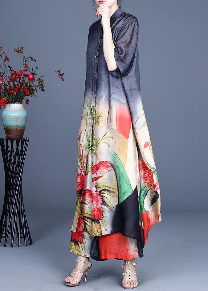 2021 Summer Black Large Loose Print Tencel Long Shirt + Two Piece Wide Leg Pants Set - SooLinen