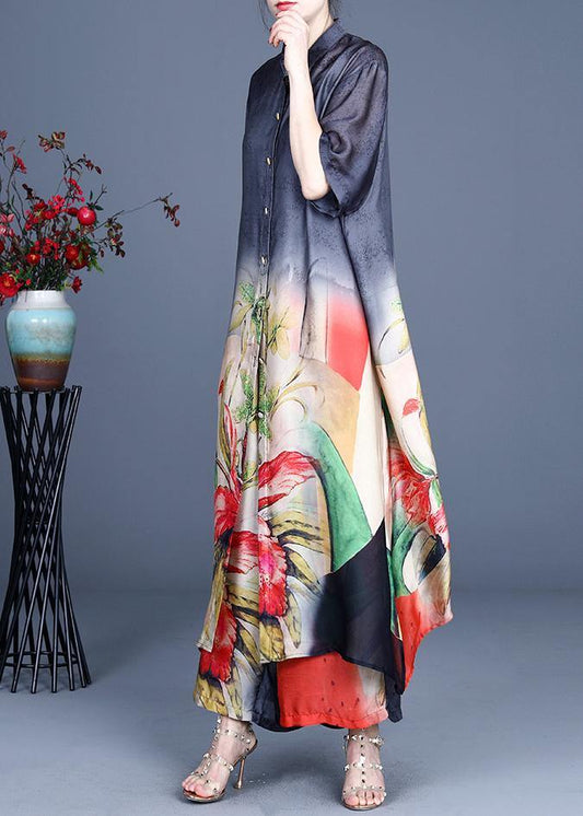 2021 Summer Black Large Loose Print Tencel Long Shirt + Two Piece Wide Leg Pants Set - SooLinen