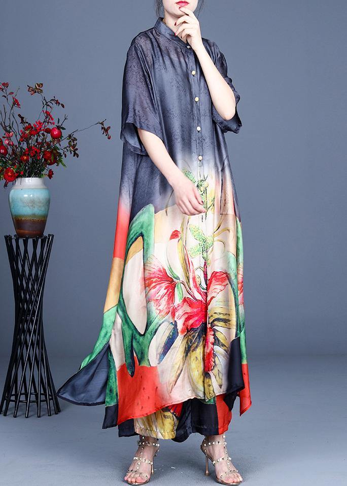 2021 Summer Black Large Loose Print Tencel Long Shirt + Two Piece Wide Leg Pants Set - SooLinen