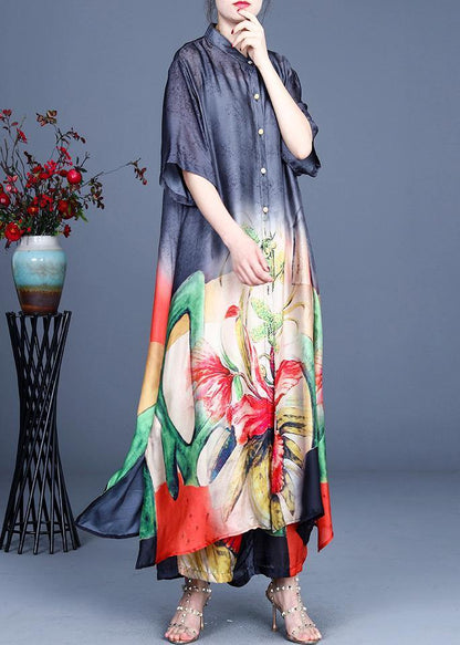 2021 Summer Black Large Loose Print Tencel Long Shirt + Two Piece Wide Leg Pants Set - SooLinen