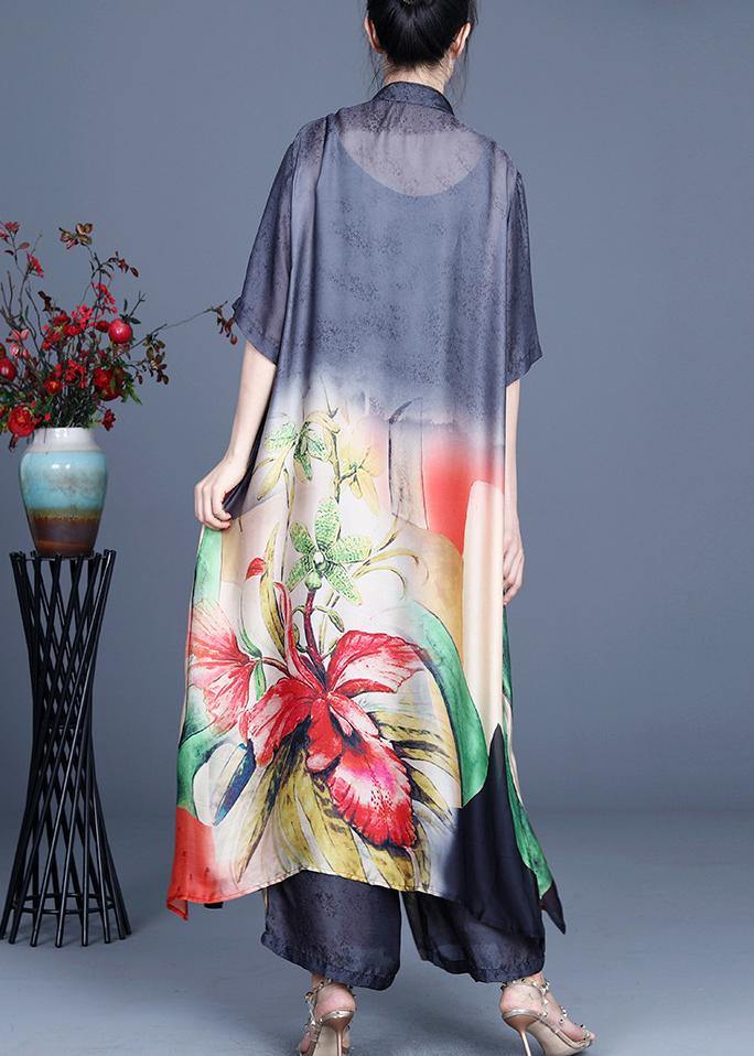 2021 Summer Black Large Loose Print Tencel Long Shirt + Two Piece Wide Leg Pants Set - SooLinen
