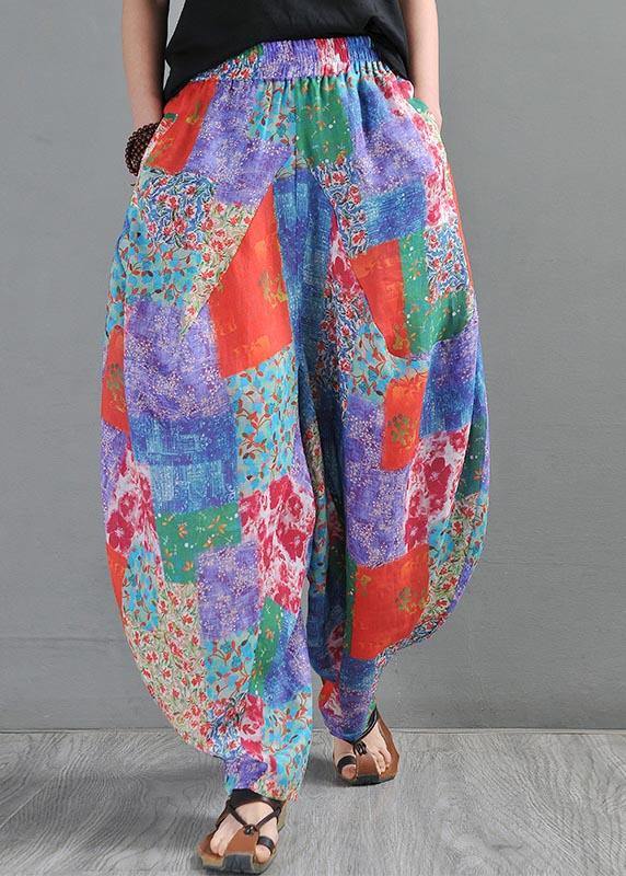 2021 Summer Literature And Art Loose Ramie Print Baggy Pants - SooLinen