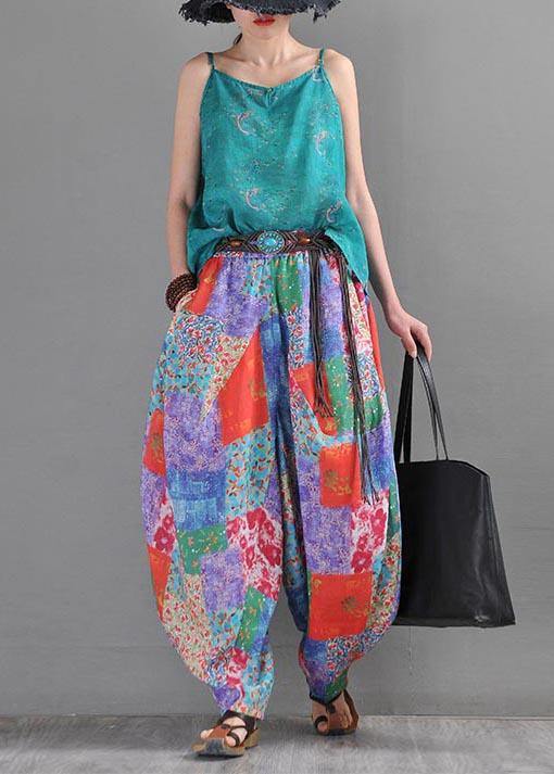 2021 Summer Literature And Art Loose Ramie Print Baggy Pants - SooLinen