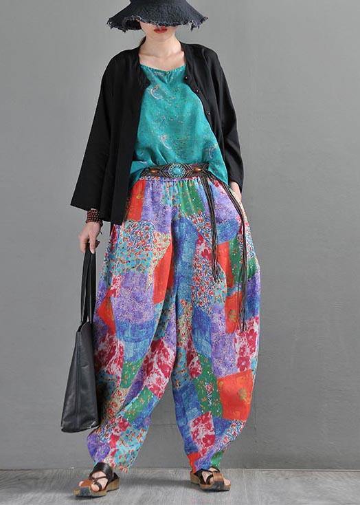 2021 Summer Literature And Art Loose Ramie Print Baggy Pants - SooLinen